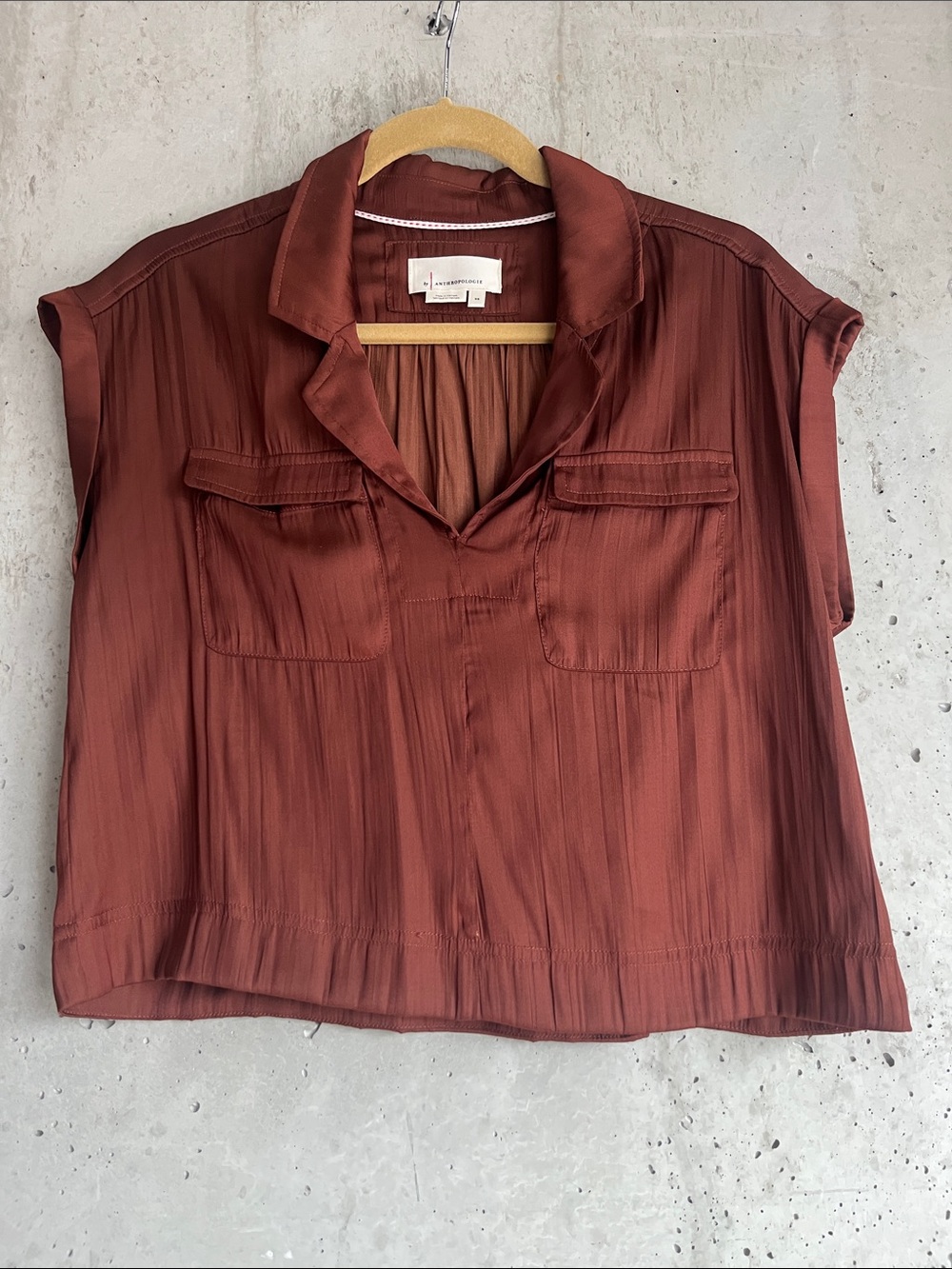 Anthropologie Rust Satin Utility Blouse Sleeveless Safari Chic Top
